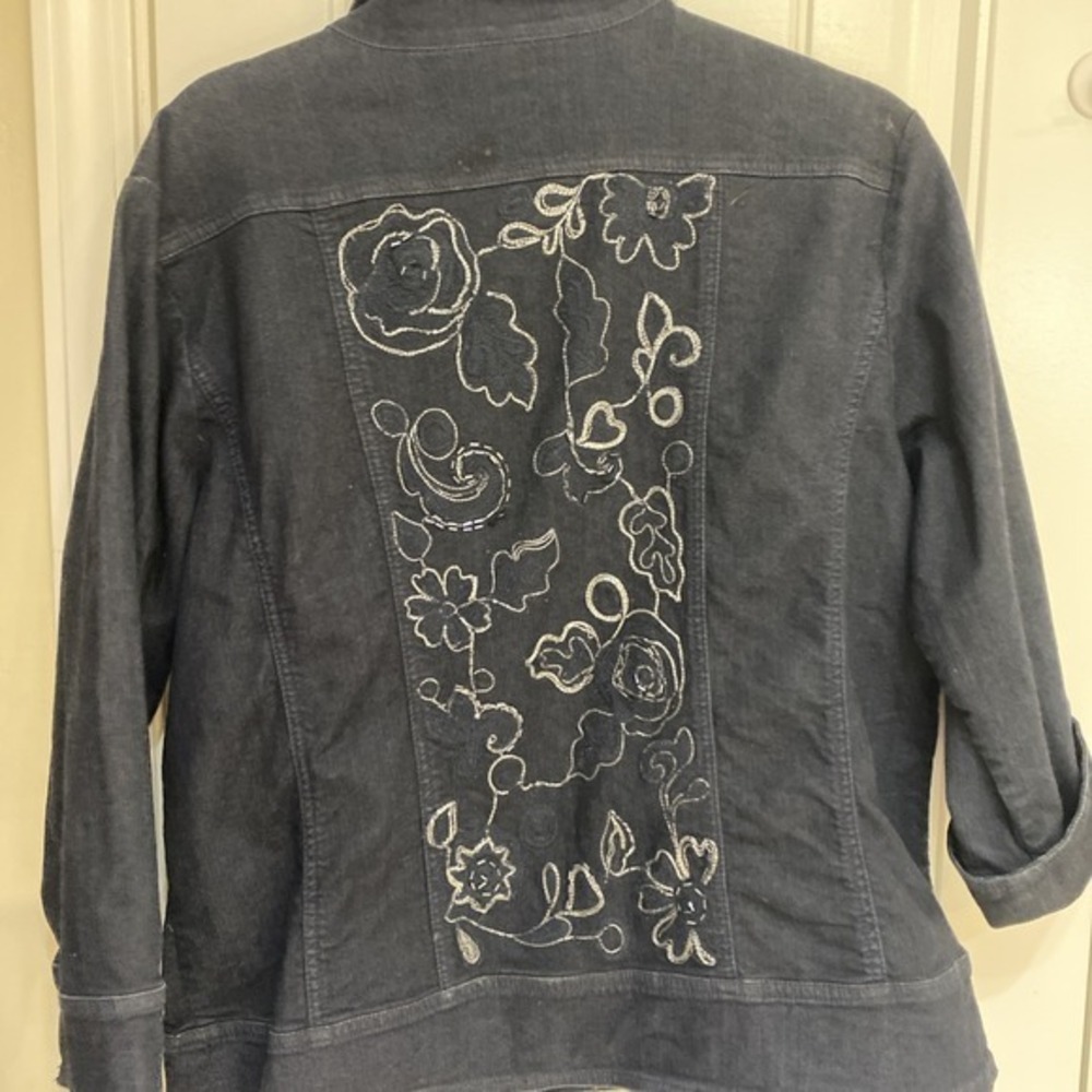 Chicos Platinum Stretchjacket womens 3 black denim button Silver Embroidery 3793 - Picture 6 of 10